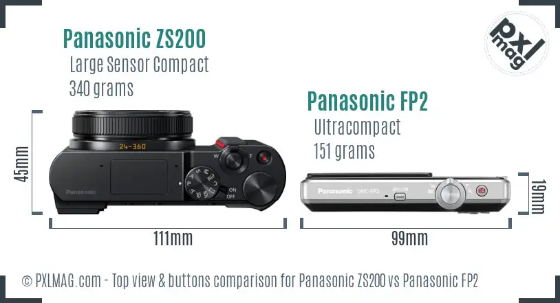 Panasonic ZS200 vs Panasonic FP2 top view buttons comparison