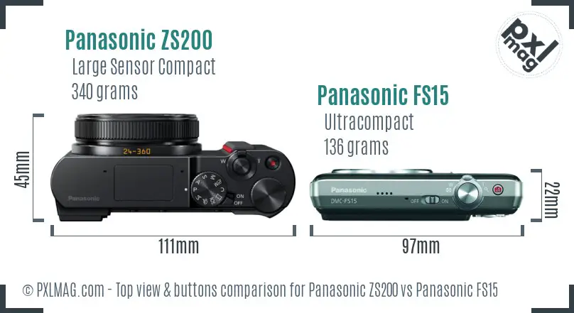 Panasonic ZS200 vs Panasonic FS15 top view buttons comparison