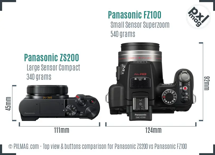 Panasonic ZS200 vs Panasonic FZ100 top view buttons comparison