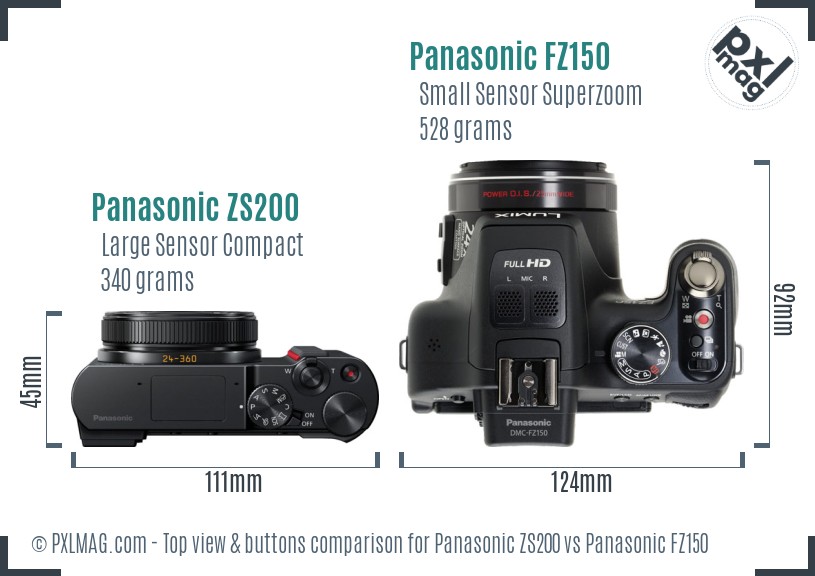 Panasonic ZS200 vs Panasonic FZ150 top view buttons comparison