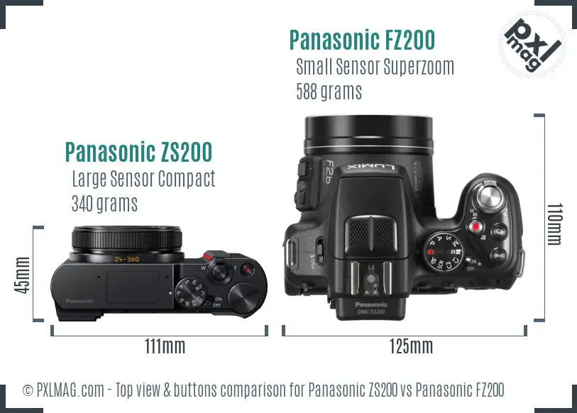 Panasonic ZS200 vs Panasonic FZ200 top view buttons comparison