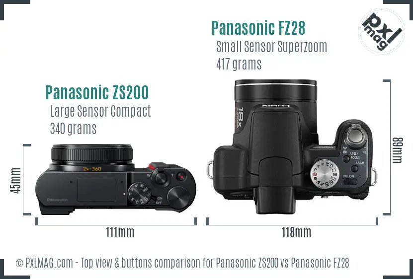 Panasonic ZS200 vs Panasonic FZ28 top view buttons comparison