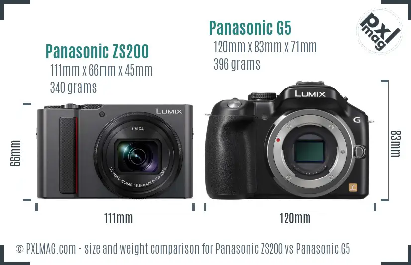 Panasonic ZS200 vs Panasonic G5 size comparison