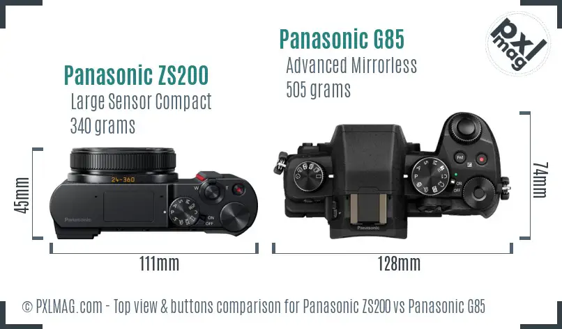 Panasonic ZS200 vs Panasonic G85 top view buttons comparison