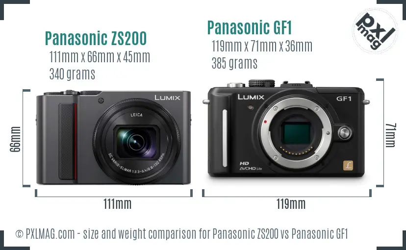 Panasonic ZS200 vs Panasonic GF1 size comparison
