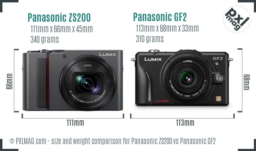 Panasonic ZS200 vs Panasonic GF2 size comparison