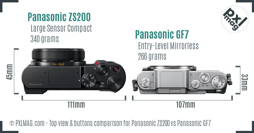 Panasonic ZS200 vs Panasonic GF7 top view buttons comparison