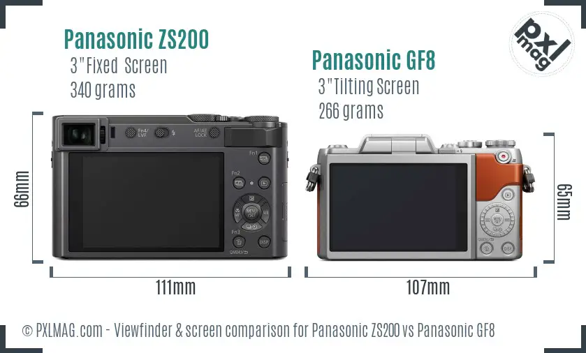 Panasonic ZS200 vs Panasonic GF8 Screen and Viewfinder comparison