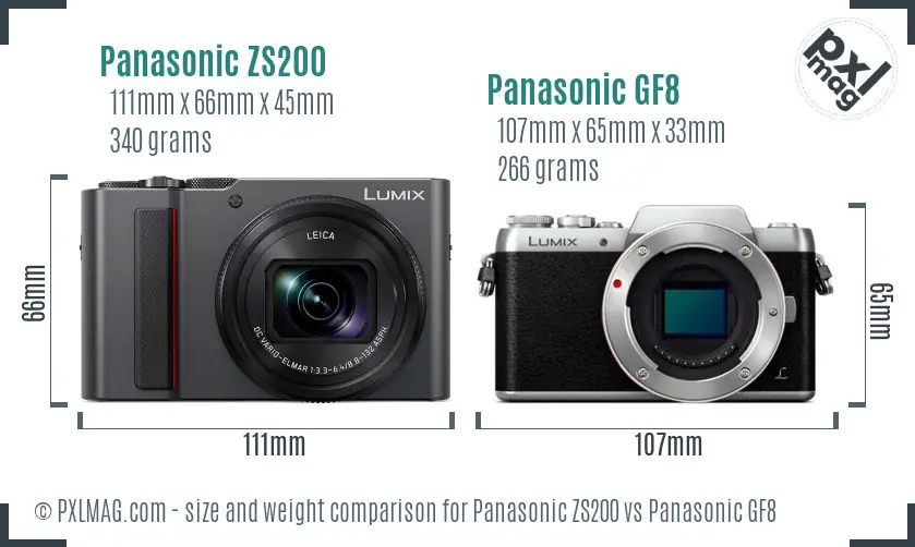 Panasonic ZS200 vs Panasonic GF8 size comparison