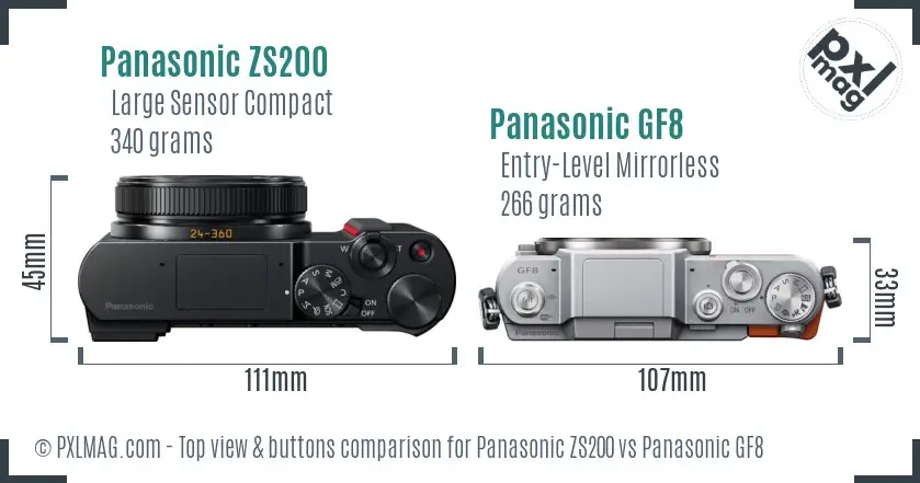 Panasonic ZS200 vs Panasonic GF8 top view buttons comparison