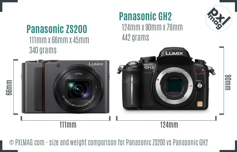 Panasonic ZS200 vs Panasonic GH2 size comparison