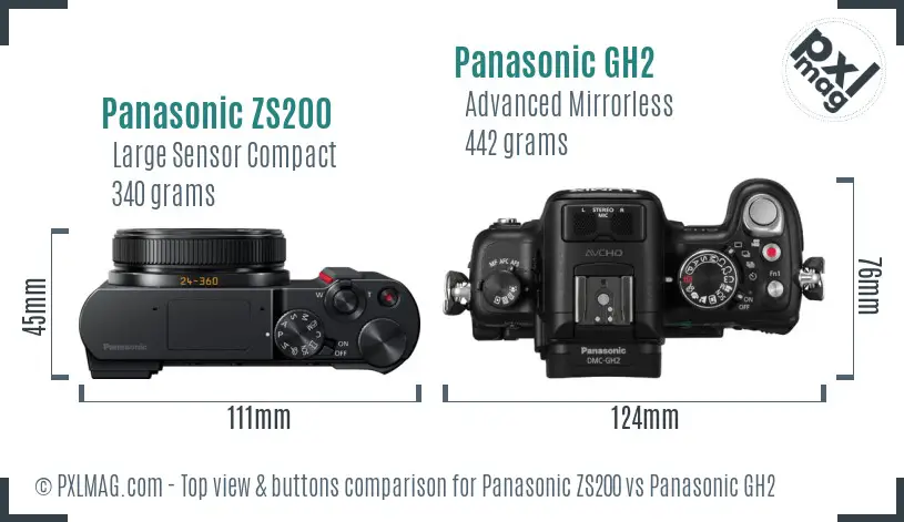 Panasonic ZS200 vs Panasonic GH2 top view buttons comparison