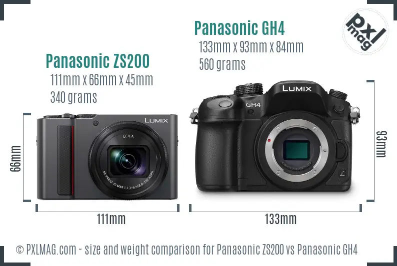 Panasonic ZS200 vs Panasonic GH4 size comparison