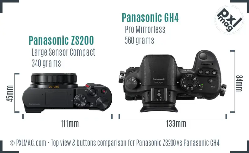 Panasonic ZS200 vs Panasonic GH4 top view buttons comparison
