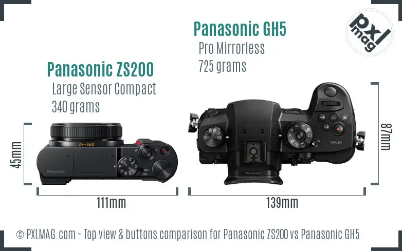 Panasonic ZS200 vs Panasonic GH5 top view buttons comparison Panasonic ZS200 vs Panasonic GH5 top view buttons comparison