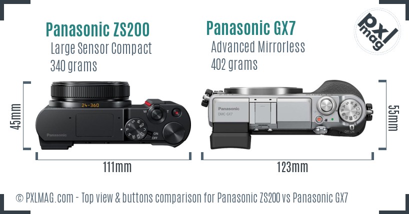 Panasonic ZS200 vs Panasonic GX7 top view buttons comparison