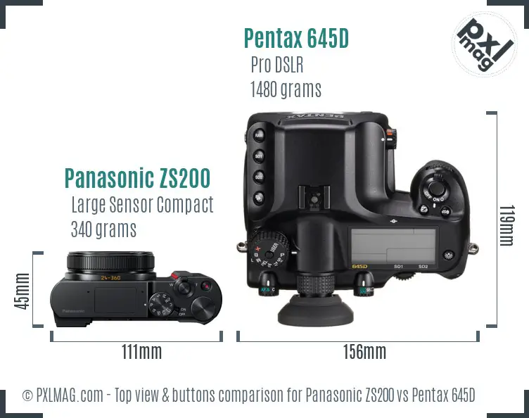 Panasonic ZS200 vs Pentax 645D top view buttons comparison