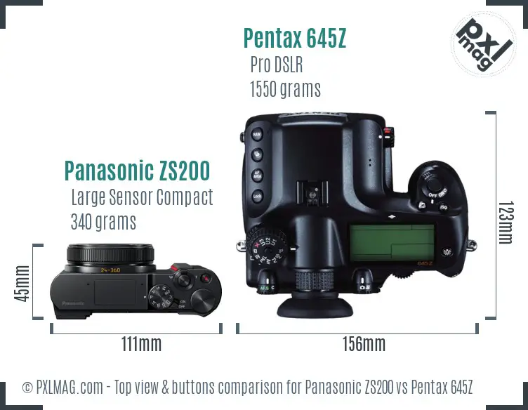 Panasonic ZS200 vs Pentax 645Z top view buttons comparison