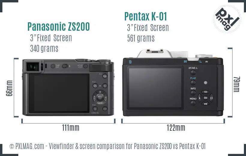 Panasonic ZS200 vs Pentax K-01 Screen and Viewfinder comparison