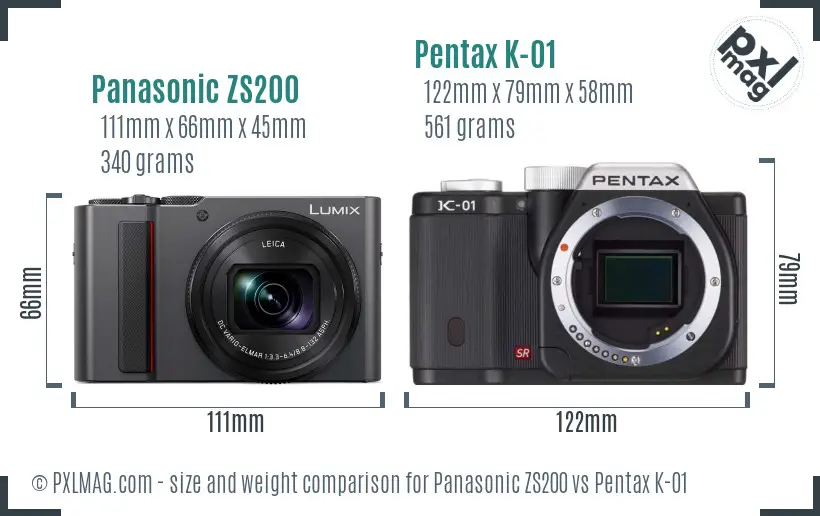 Panasonic ZS200 vs Pentax K-01 size comparison