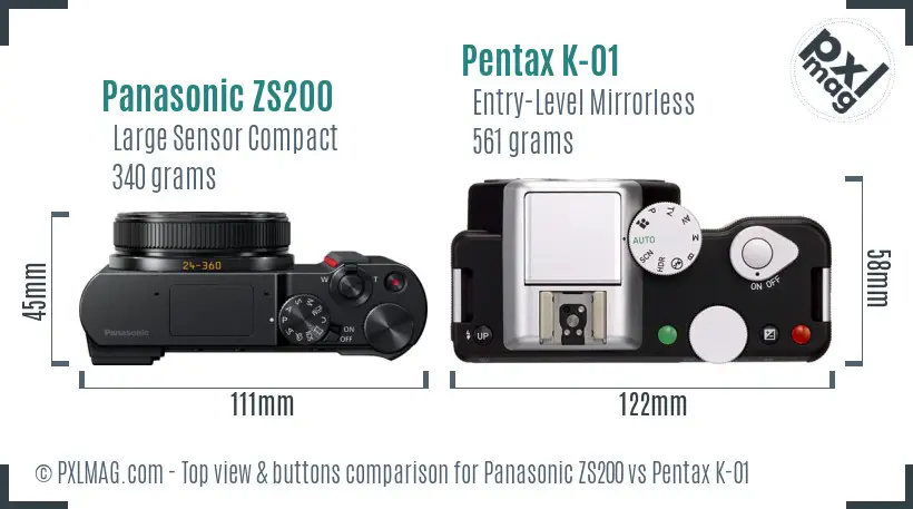 Panasonic ZS200 vs Pentax K-01 top view buttons comparison
