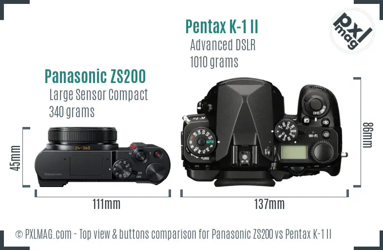 Panasonic ZS200 vs Pentax K-1 II top view buttons comparison