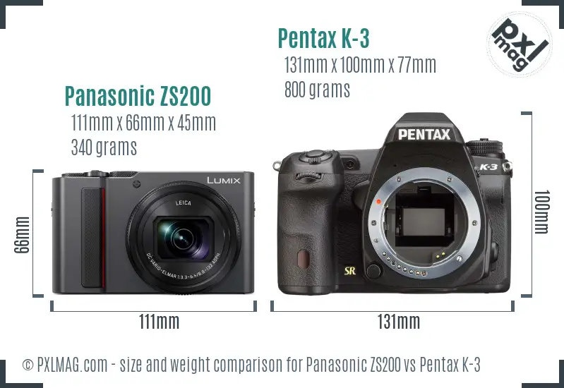 Panasonic ZS200 vs Pentax K-3 size comparison