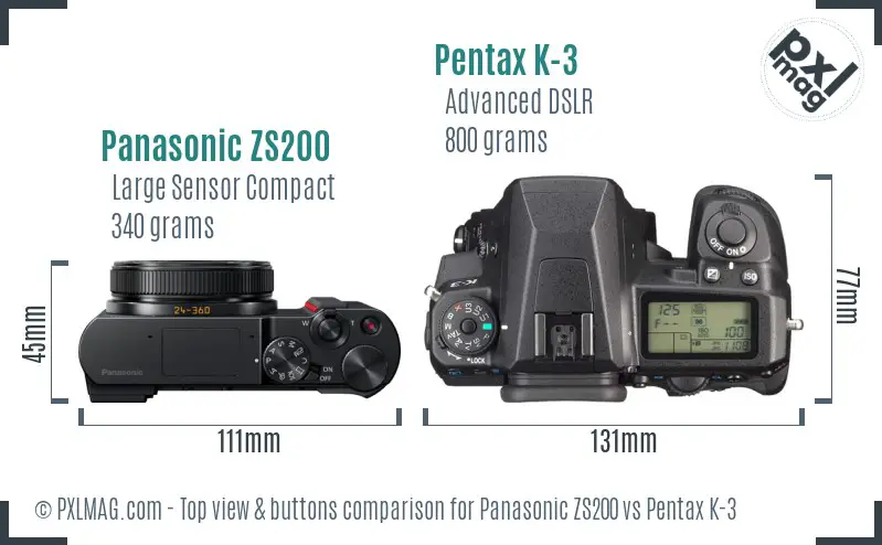Panasonic ZS200 vs Pentax K-3 top view buttons comparison