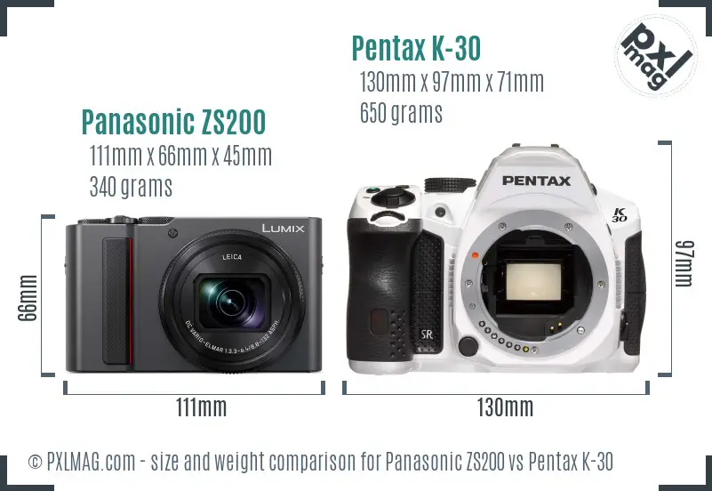 Panasonic ZS200 vs Pentax K-30 size comparison