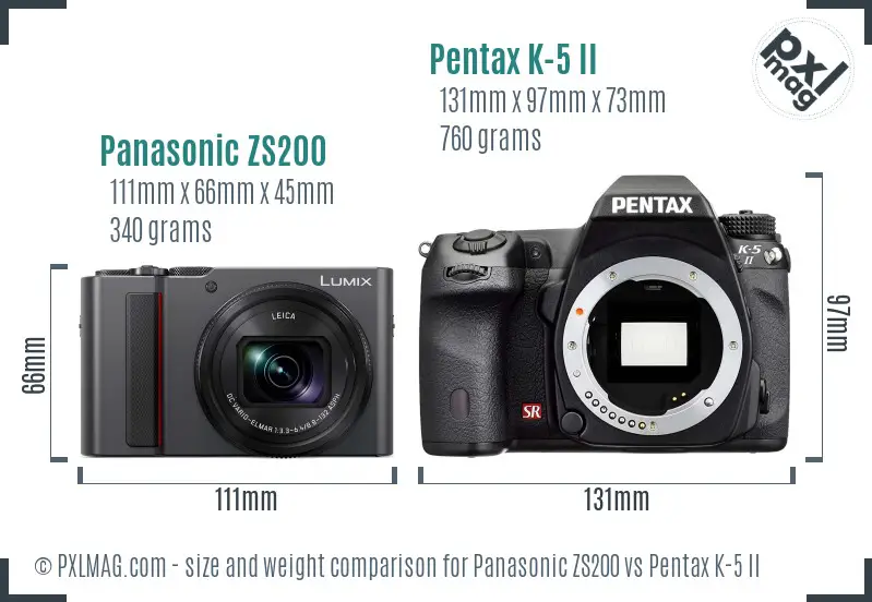 Panasonic ZS200 vs Pentax K-5 II size comparison