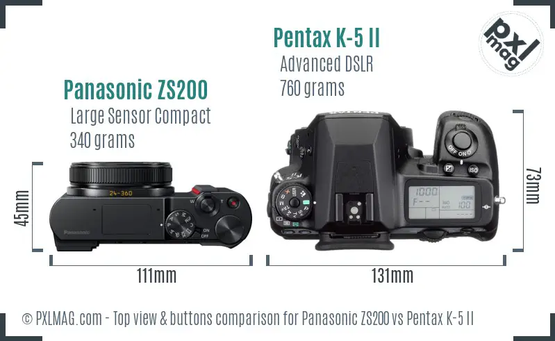 Panasonic ZS200 vs Pentax K-5 II top view buttons comparison