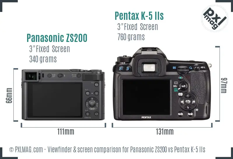 Panasonic ZS200 vs Pentax K-5 IIs Screen and Viewfinder comparison