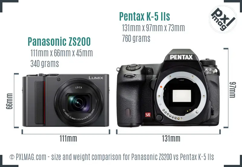 Panasonic ZS200 vs Pentax K-5 IIs size comparison