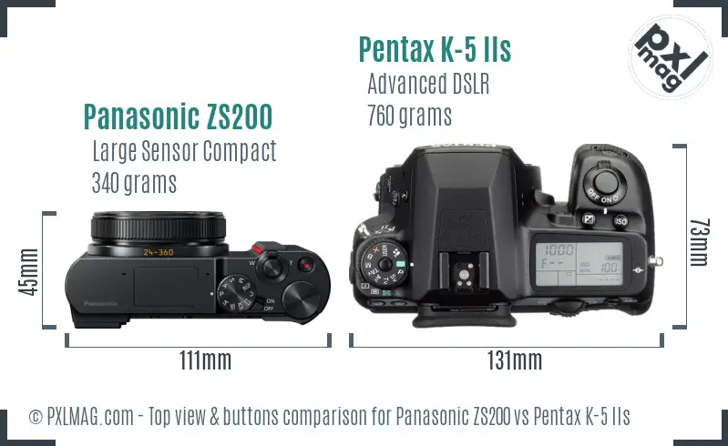Panasonic ZS200 vs Pentax K-5 IIs top view buttons comparison
