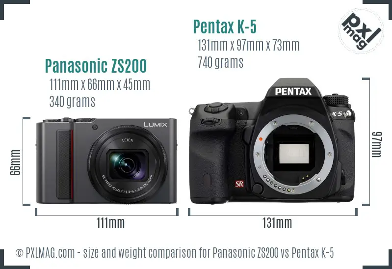 Panasonic ZS200 vs Pentax K-5 size comparison