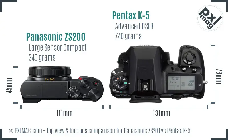 Panasonic ZS200 vs Pentax K-5 top view buttons comparison