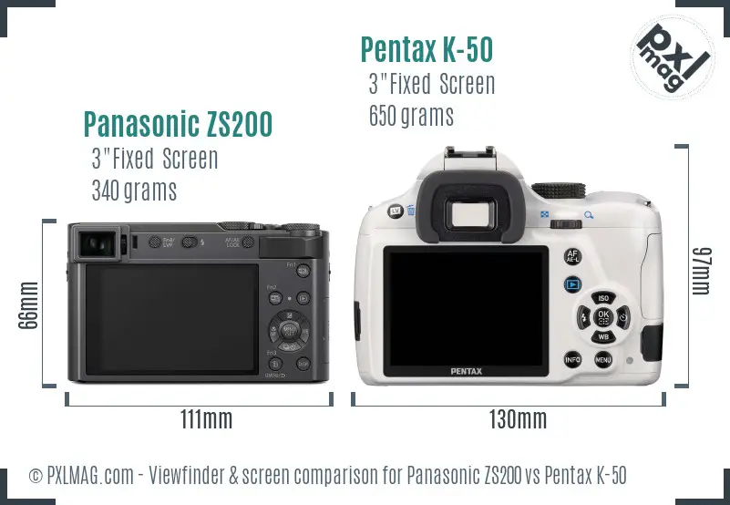 Panasonic ZS200 vs Pentax K-50 Screen and Viewfinder comparison