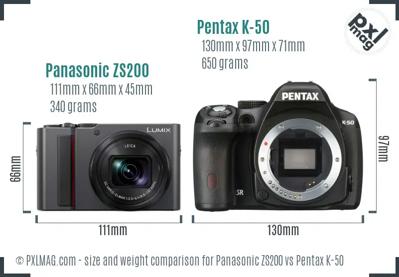 Panasonic ZS200 vs Pentax K-50 size comparison