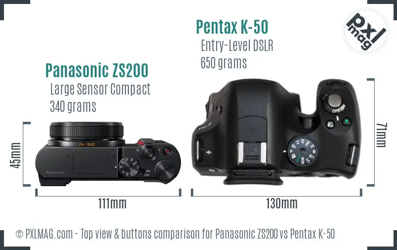 Panasonic ZS200 vs Pentax K-50 top view buttons comparison