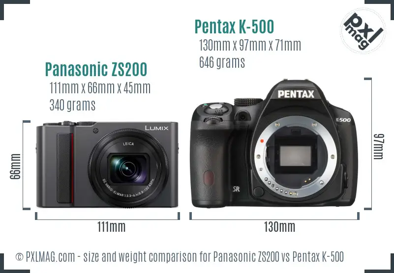 Panasonic ZS200 vs Pentax K-500 size comparison