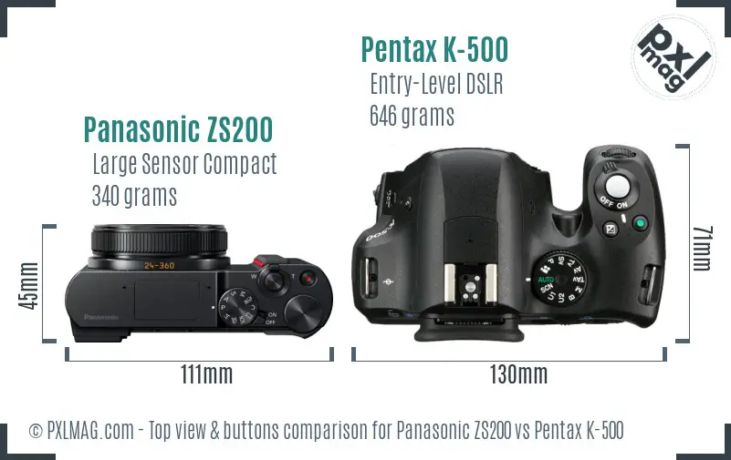 Panasonic ZS200 vs Pentax K-500 top view buttons comparison