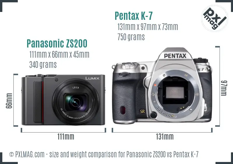 Panasonic ZS200 vs Pentax K-7 size comparison