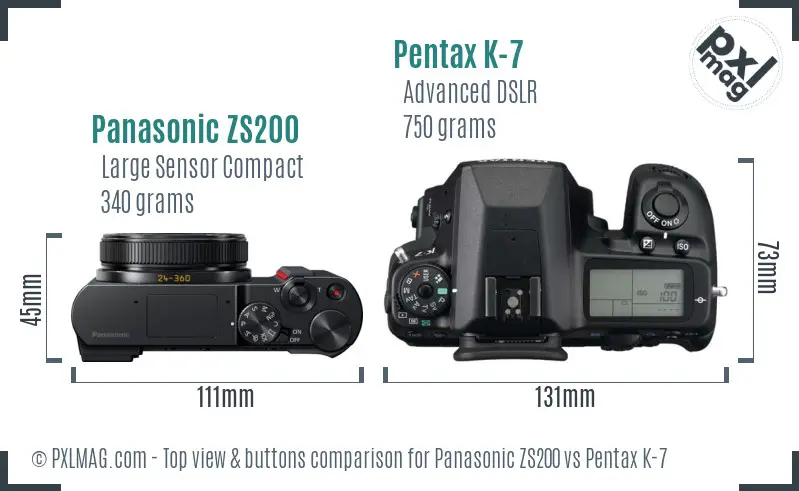 Panasonic ZS200 vs Pentax K-7 top view buttons comparison