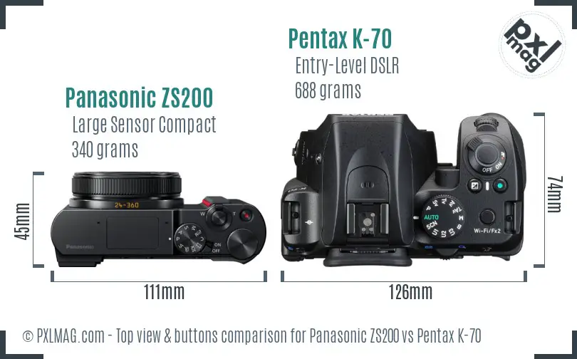 Panasonic ZS200 vs Pentax K-70 top view buttons comparison