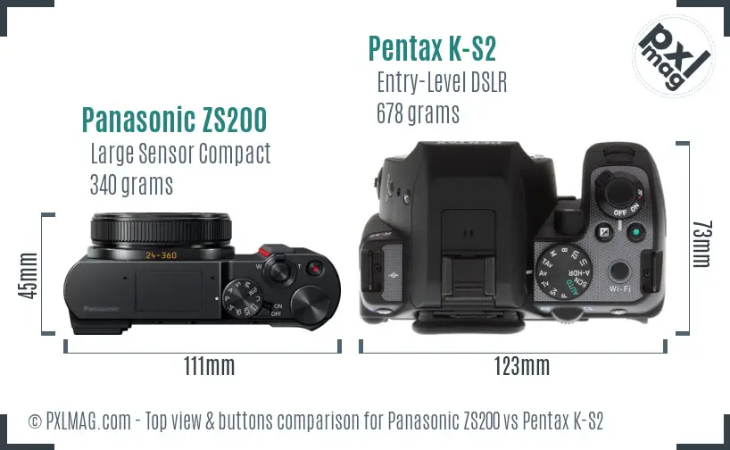 Panasonic ZS200 vs Pentax K-S2 top view buttons comparison