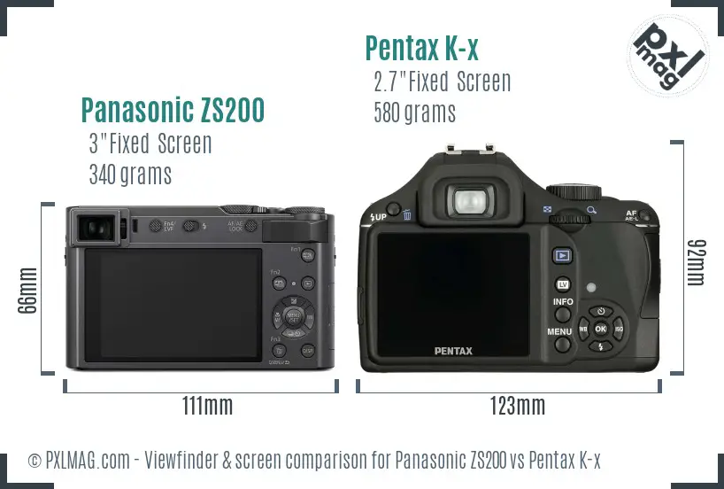 Panasonic ZS200 vs Pentax K-x Screen and Viewfinder comparison