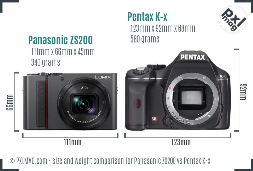 Panasonic ZS200 vs Pentax K-x size comparison
