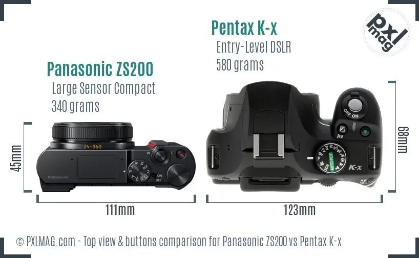 Panasonic ZS200 vs Pentax K-x top view buttons comparison