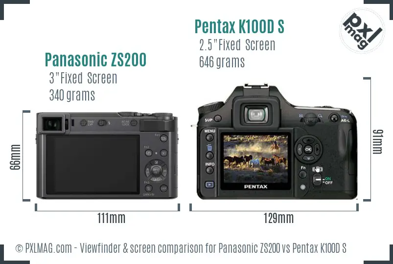 Panasonic ZS200 vs Pentax K100D S Screen and Viewfinder comparison