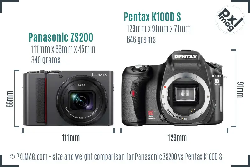 Panasonic ZS200 vs Pentax K100D S size comparison